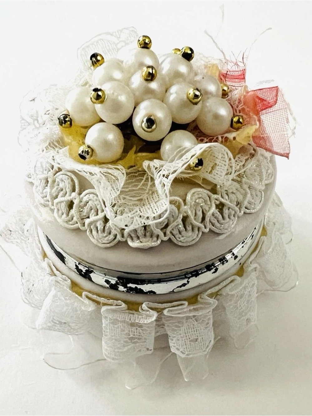 Vintage Handmade Lace Pearl Trinket Box Round Jewelry Vanity Keepsake Box 2.5 in